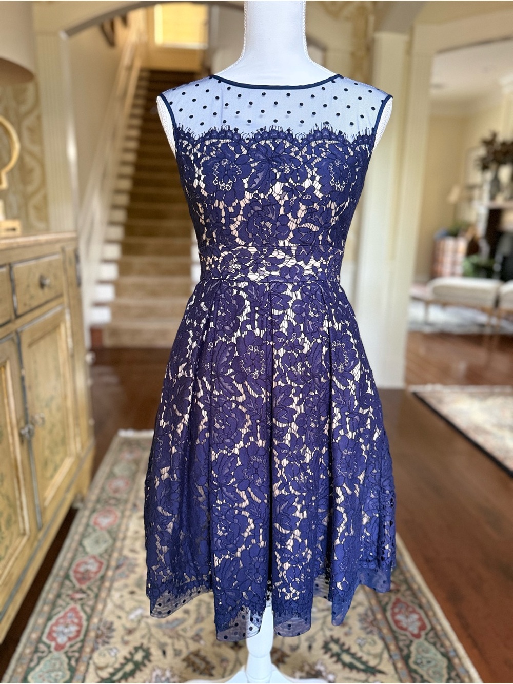 Eliza J Navy Floral Lace Illusion Yoke Fit-and-Flare Midi Dress